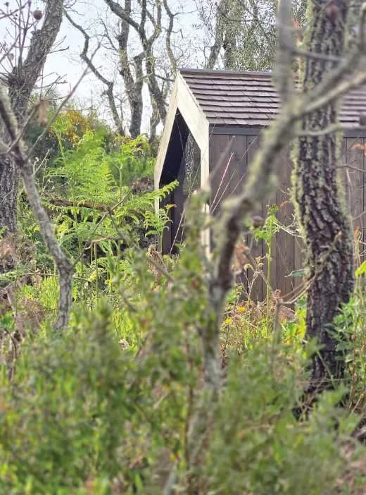 The wood-fired sauna cabin standing among cork oaks and scrub