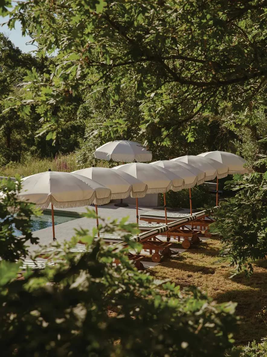 White parasols in a row along the pool, framed by oak branches