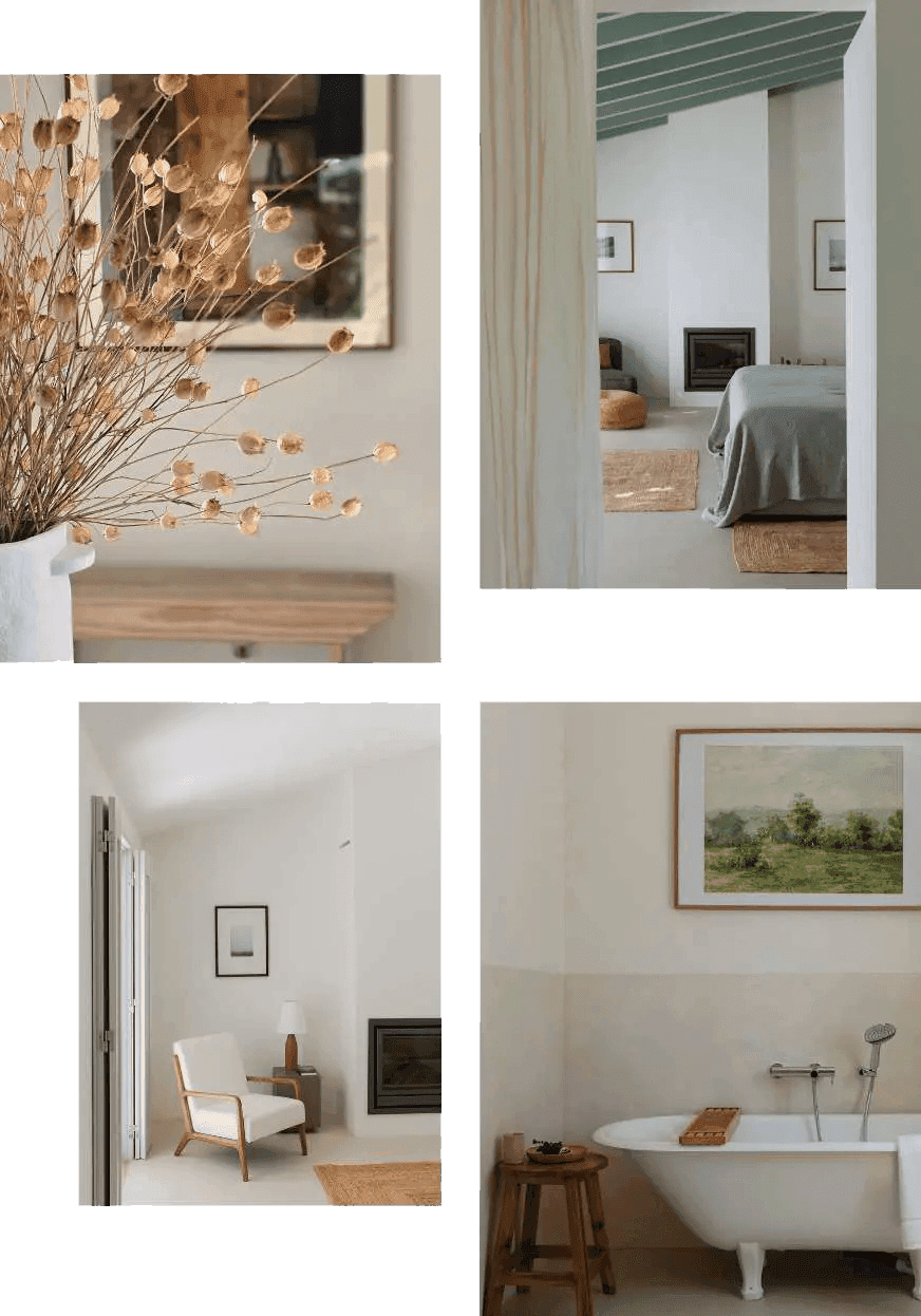Four interiors from the guest houses: a bedroom, a sitting room with a fireplace, a bathroom with a roll-top bath, and dried flowers on a console